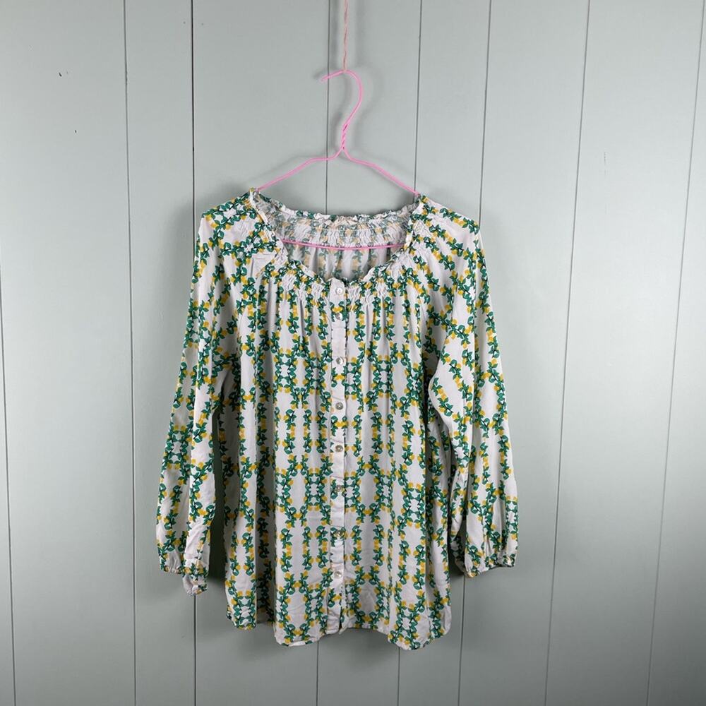 Jane & Delancey lemon print ruffle neckline button down blouse
